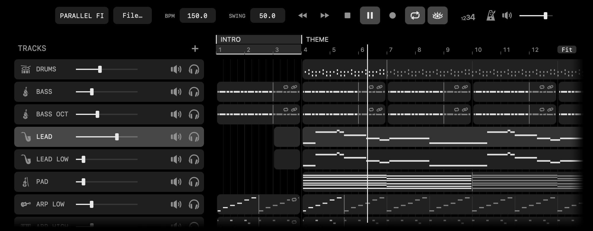 The board: sixteen-track rows of Clips under the INTRO, THEME, LIFT and END Markers