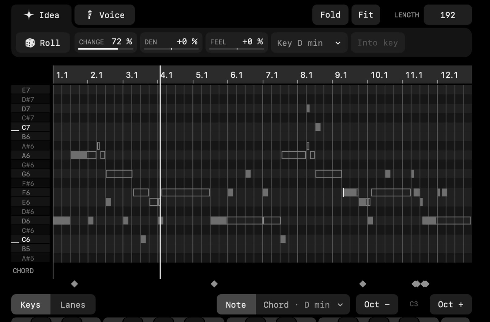 The Idea panel over the piano roll, with new notes drawn over the original