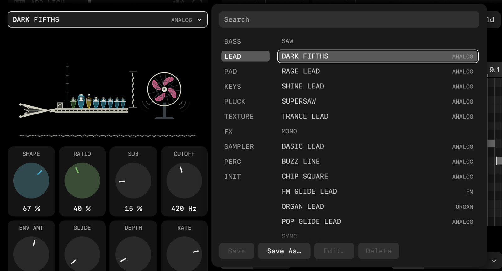 The Preset browser open beside the sound: groups on the left, leads on the right