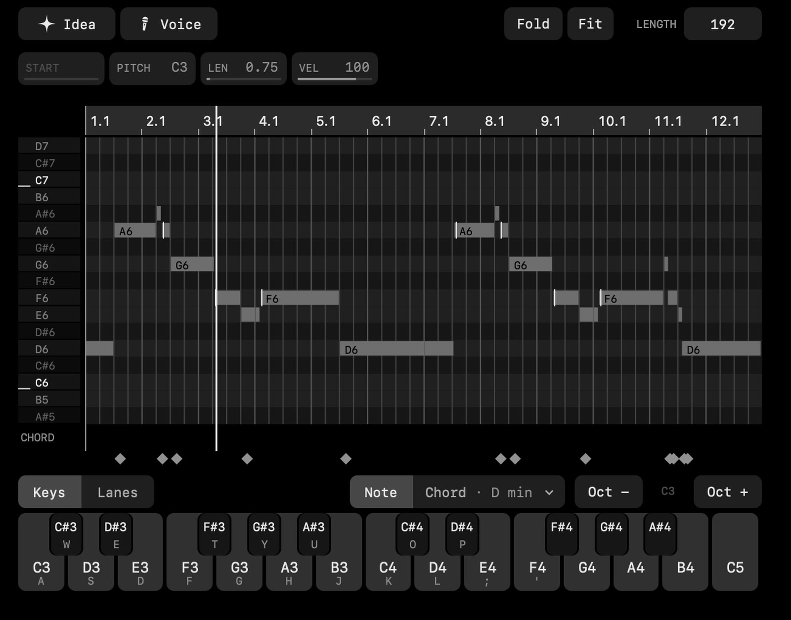 The piano roll with a lead line and the piano keys under it