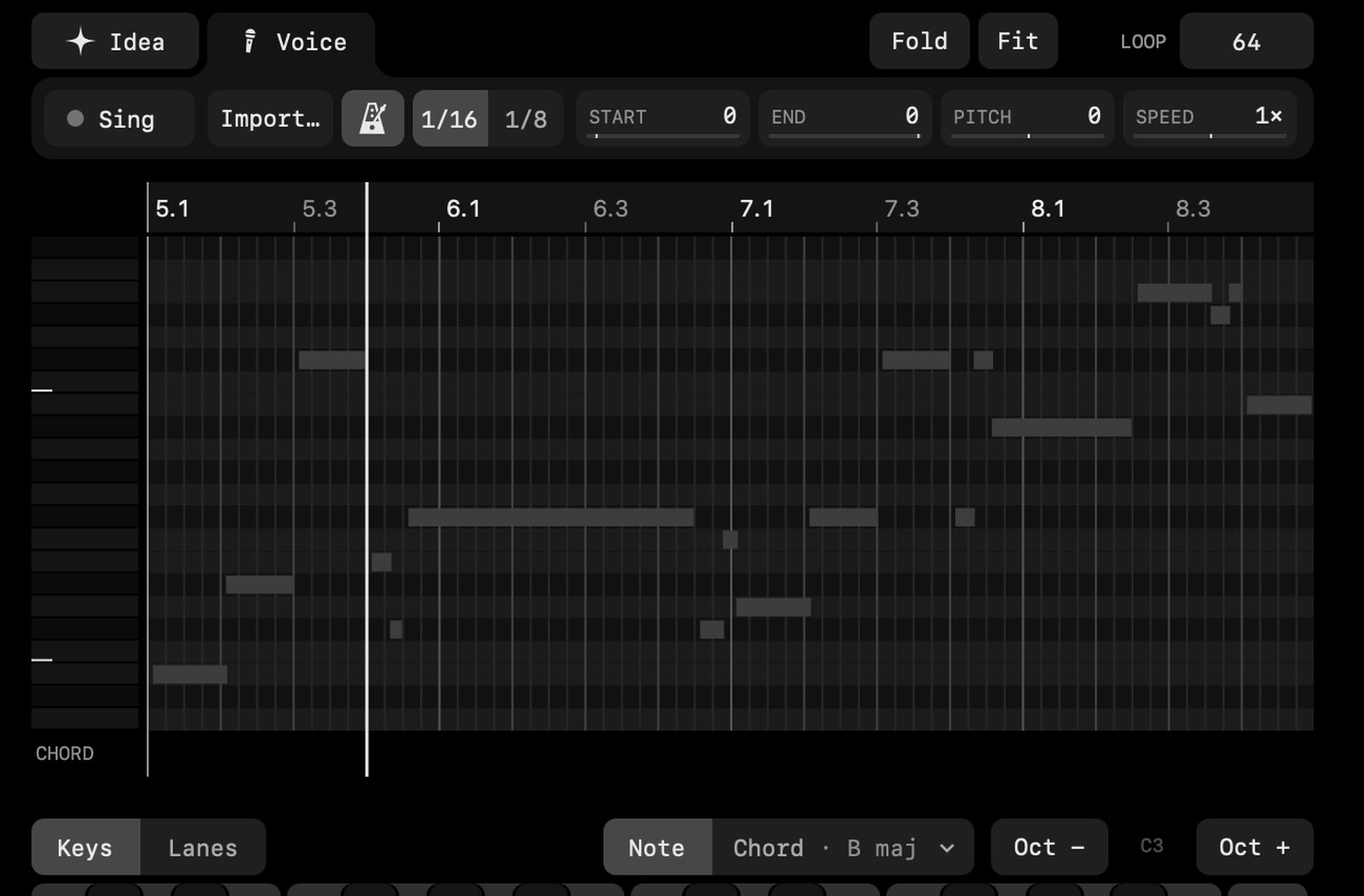 The Voice panel: Sing, Import, the grid choice and the pitch and speed fields